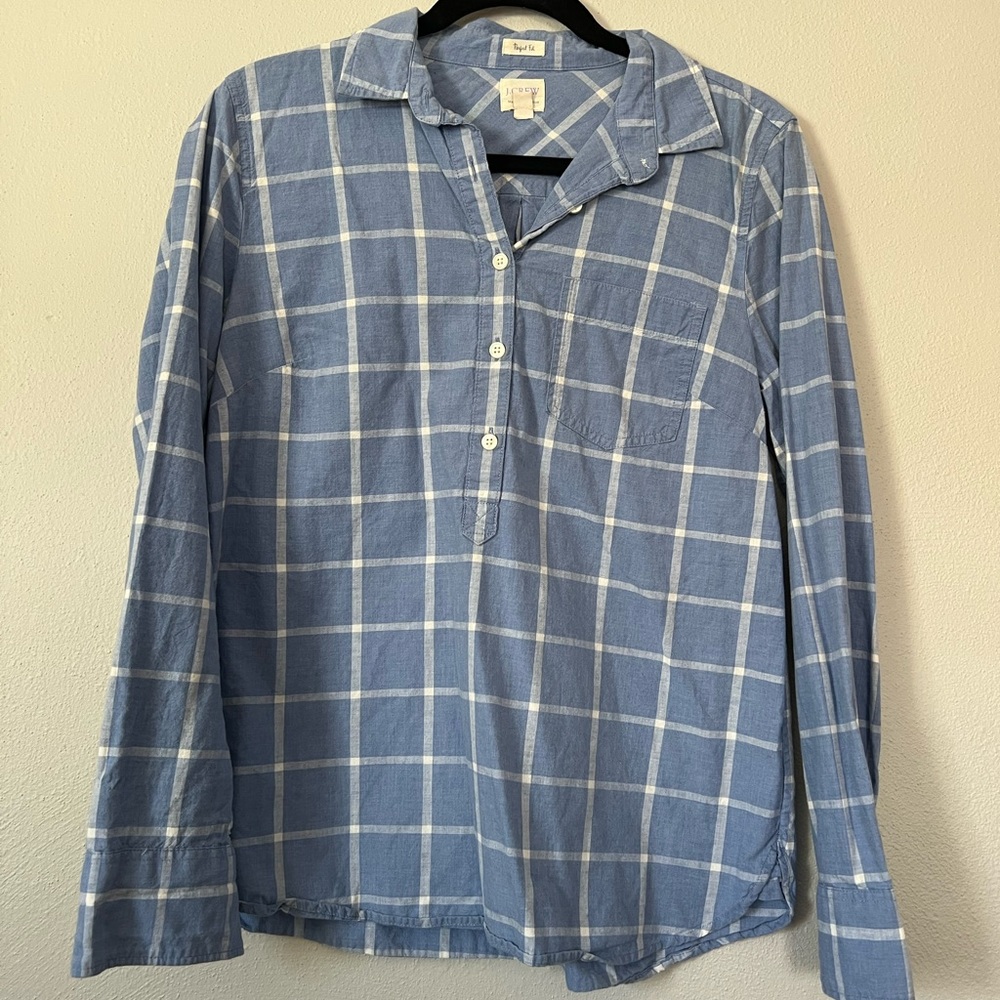 J. Crew Factory Plaid Popover Shirt Top Women Size Medium Red Blue Button
